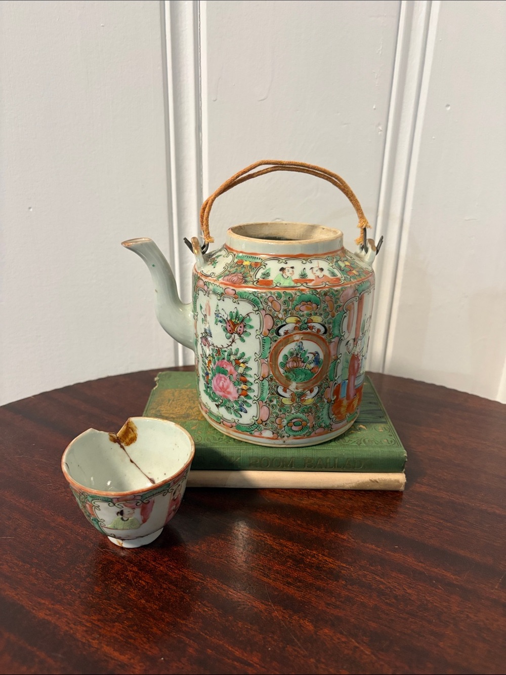 Antique Rose Medallion Tea Pot, Cup, and Storage Basket